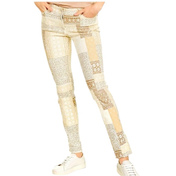 J. McLaughlin Patchwork Print Pants Size 6 Neutral Slim Straight Cotton Stretch - Picture 1 of 11